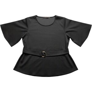 Hazel Black Flutter Sleeve Belted Peplum Blouse Gold O-Ring Top Large H37178